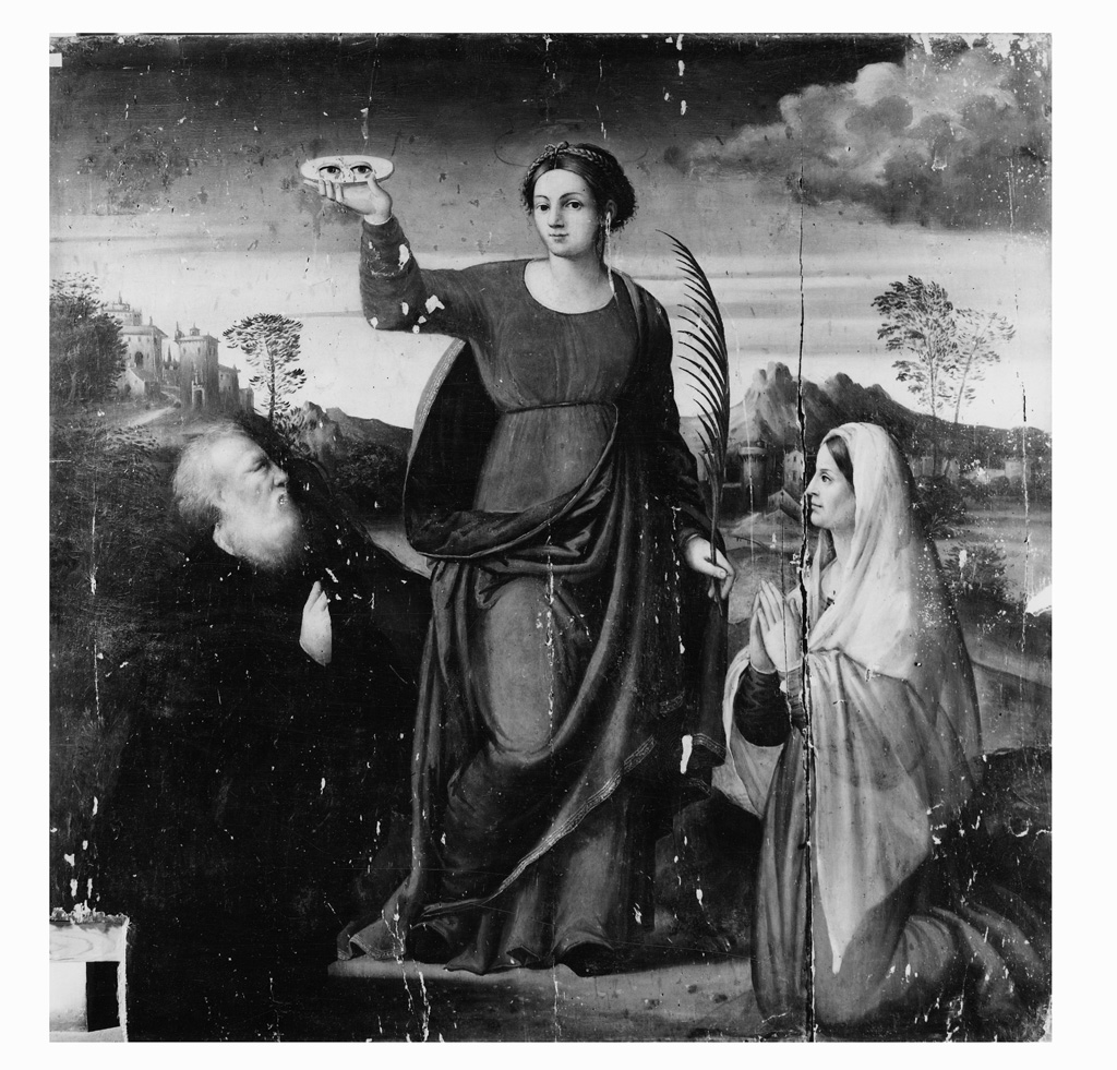 Santa Lucia e due donatori della famiglia Sonzoni (dipinto) - ambito ferrarese (sec. XVI)