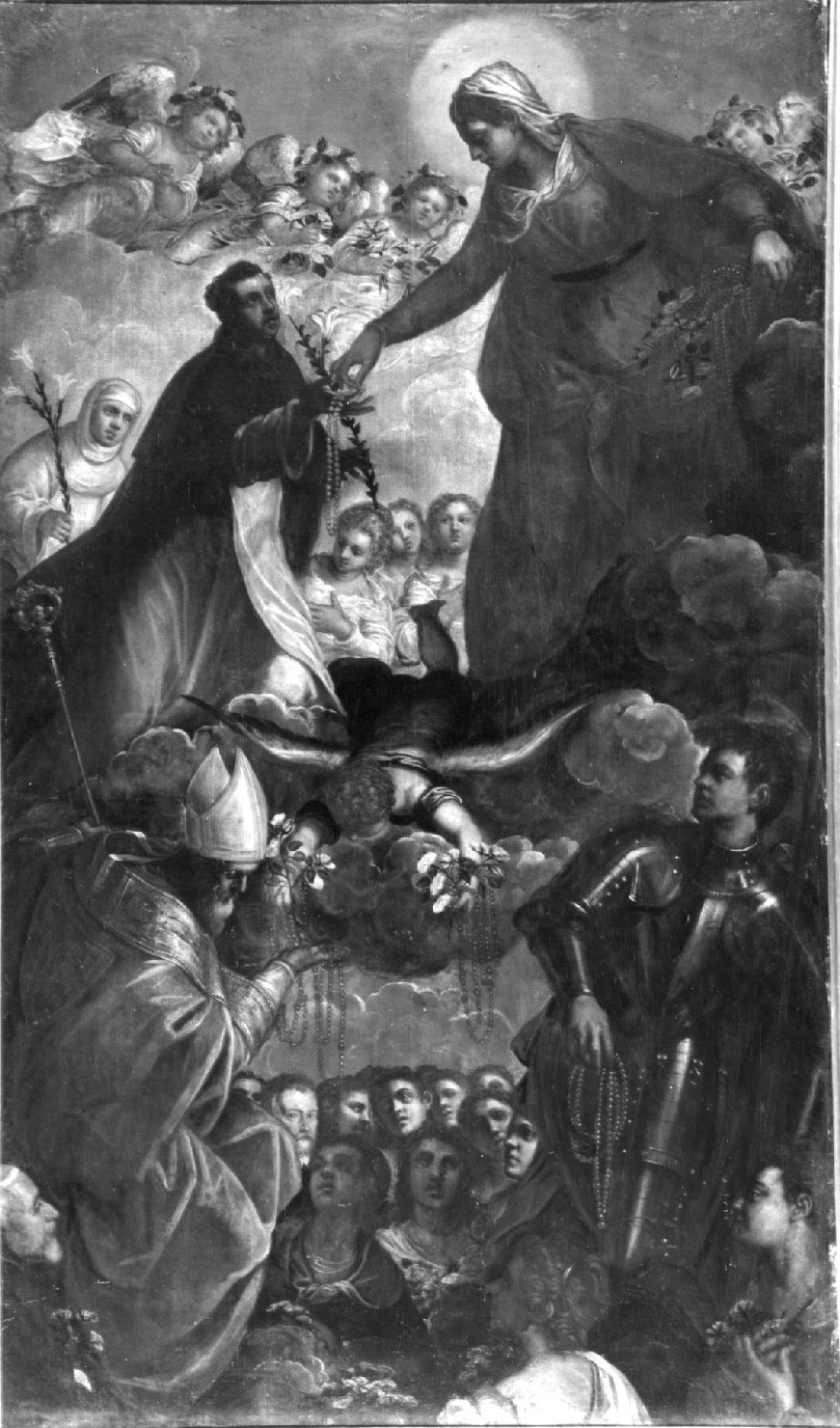 Madonna del Rosario con San Domenico, San Giorgio e San Maurelio (dipinto) di Robusti Domenico (sec. XVI)