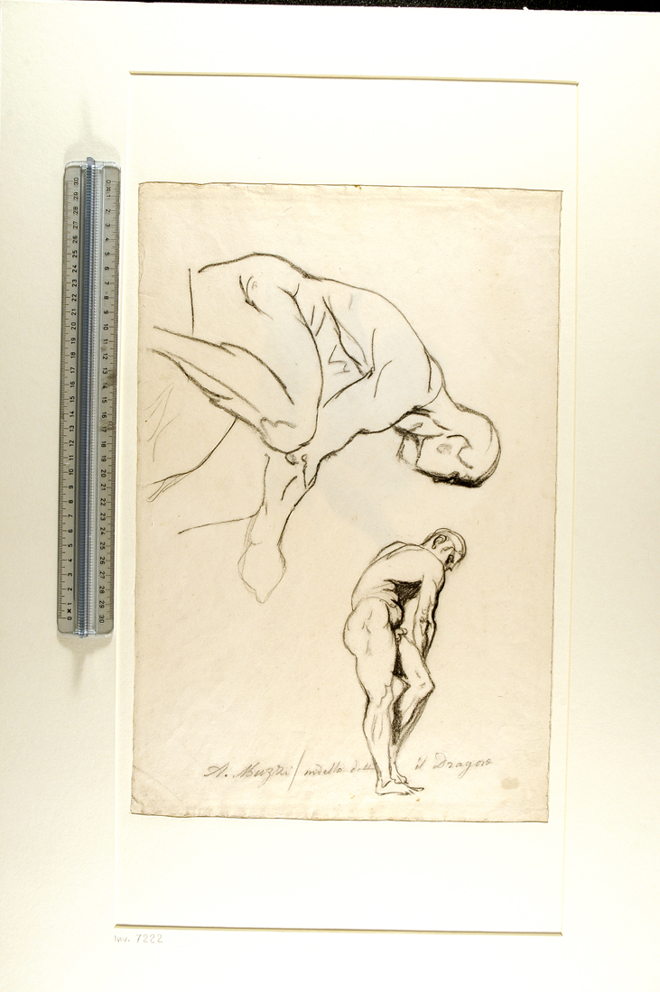 studio di figura maschile seduta; studio di figura maschile in piedi/ studio di bacino e gambe di uomo (disegno) di Muzzi Antonio (sec. XIX)