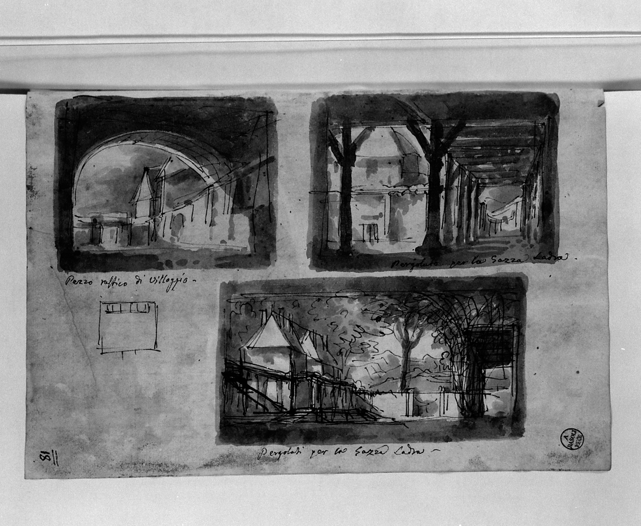 pezzo rustico di villaggio; pergolato per la Gazza Ladra, architetture (disegno, elemento d'insieme) di Basoli Antonio (sec. XIX)