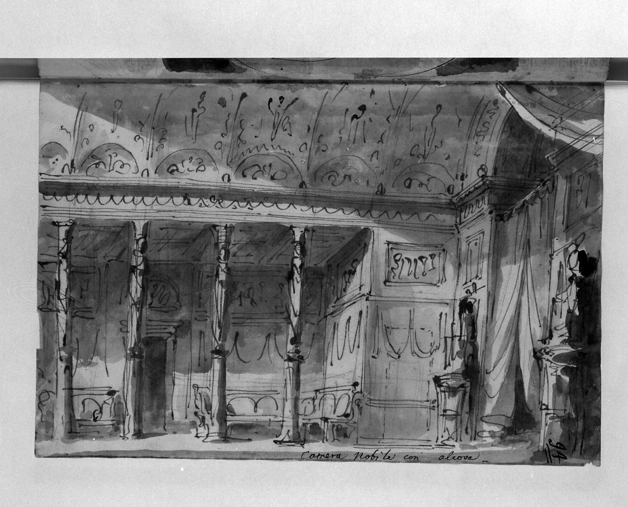 camera nobile con alcova, interno di camera (disegno, elemento d'insieme) di Basoli Antonio (sec. XIX)