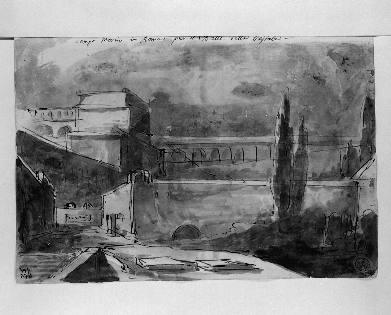 campo Marzio in Roma per il Ballo della Vestale, scena per il Ballo della Vestale (disegno, elemento d'insieme) di Basoli Antonio (sec. XIX)