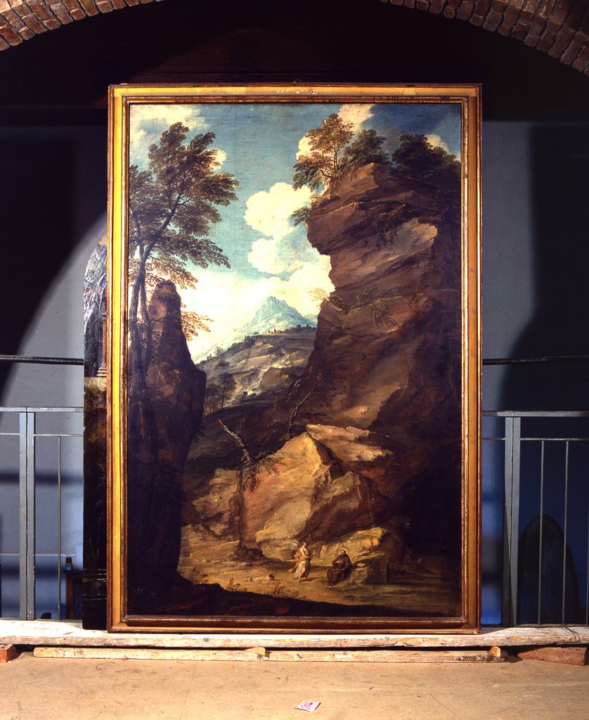 paesaggio con eremita e un angelo (dipinto) di Zola Giuseppe (sec. XVIII)