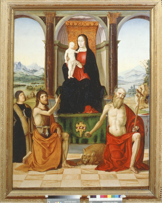 Madonna con Bambino in trono con San Girolamo, San Giovanni Battista e Giovanni Strozzi (dipinto) di Bianchi Ferrari Francesco (sec. XVI)