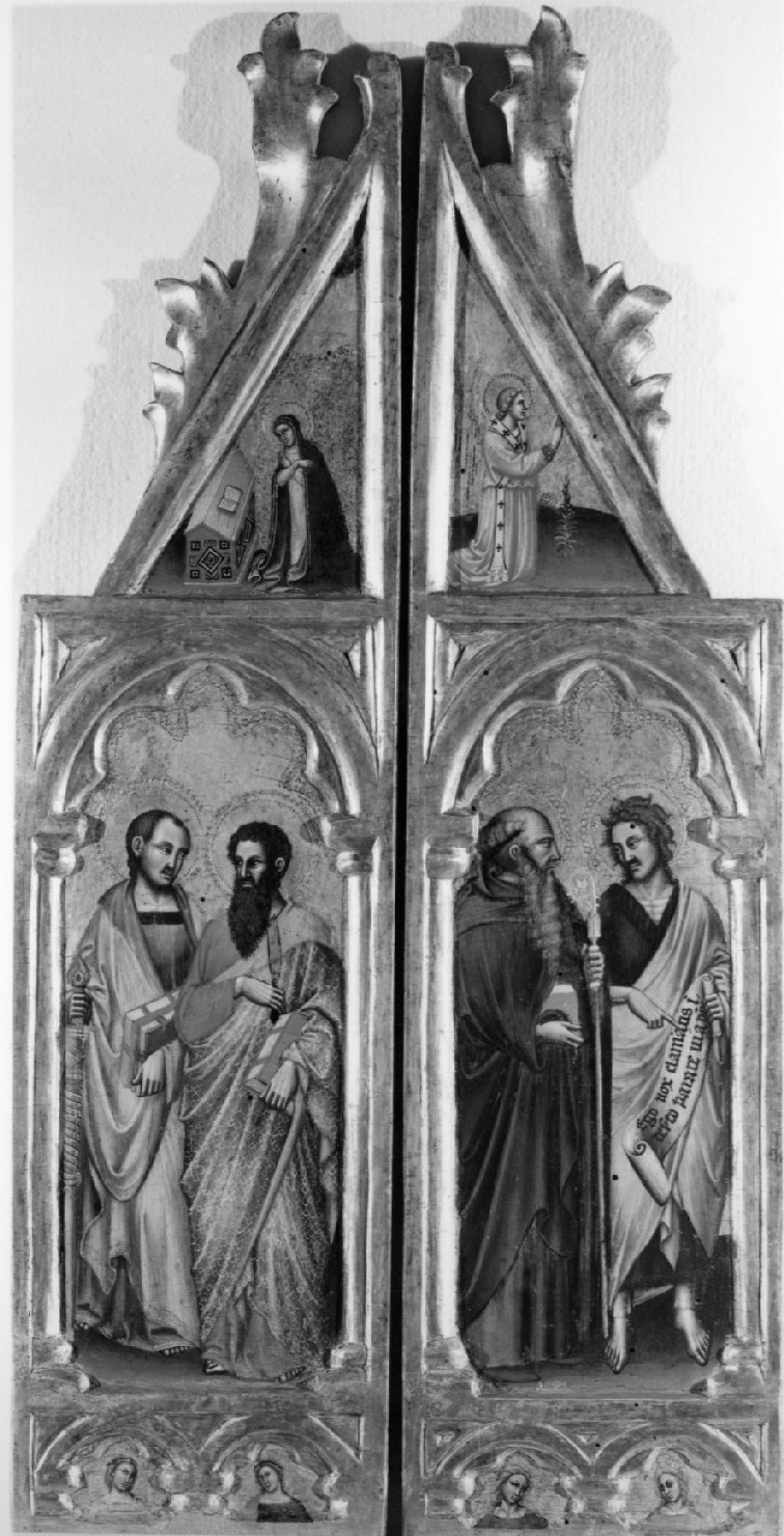 San Giacomo Maggiore e San Bartolomeo; due Sante; Madonna Annunciata (scomparto di polittico, elemento d'insieme) - ambito bolognese (sec. XIV)