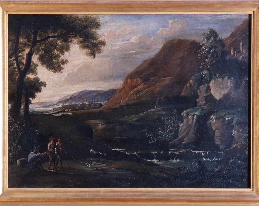 paesaggio con viandanti e cascata (dipinto) di Avanzi Giuseppe (attribuito) (sec. XVII)