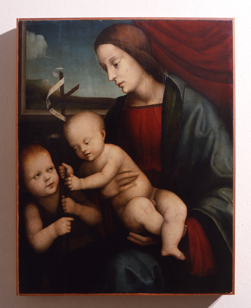 Madonna con Bambino e San Giovannino (dipinto) di Raibolini Francesco (cerchia) (sec. XVI)