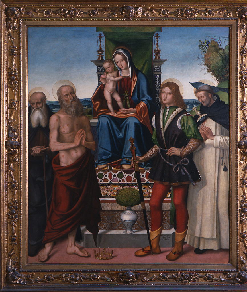 Madonna con Bambino in trono con Sant'Antonio Abate, San Giobbe, San Vito e San Pietro Martire (dipinto) di Panetti Domenico (sec. XVI)