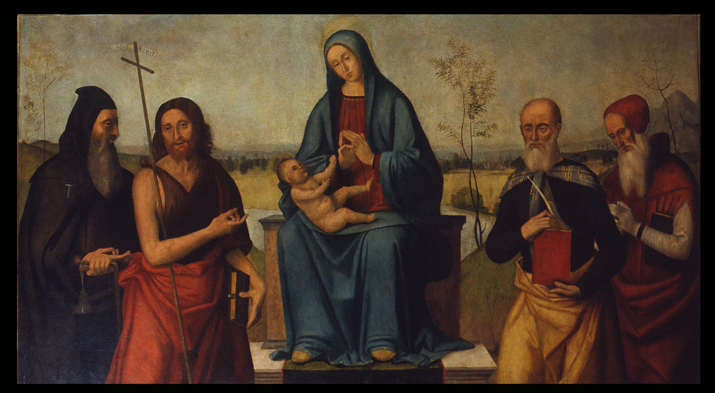 Madonna con Bambino con Sant'Antonio Abate, San Giovanni Battista, Sant'Agostino e San Girolamo (dipinto) di Panetti Domenico (sec. XVI)