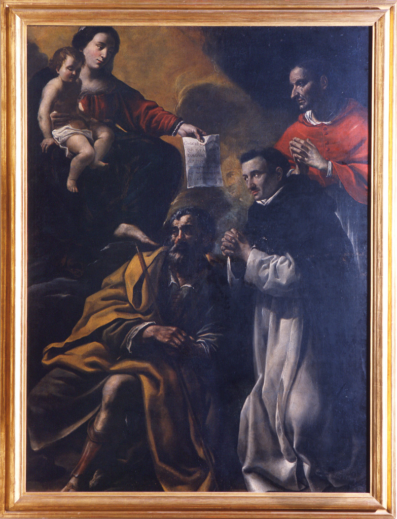 Madonna con Bambino in gloria con San Giuseppe, San Domenico e San Carlo Borromeo (dipinto) di Zallone Benedetto (sec. XVII)