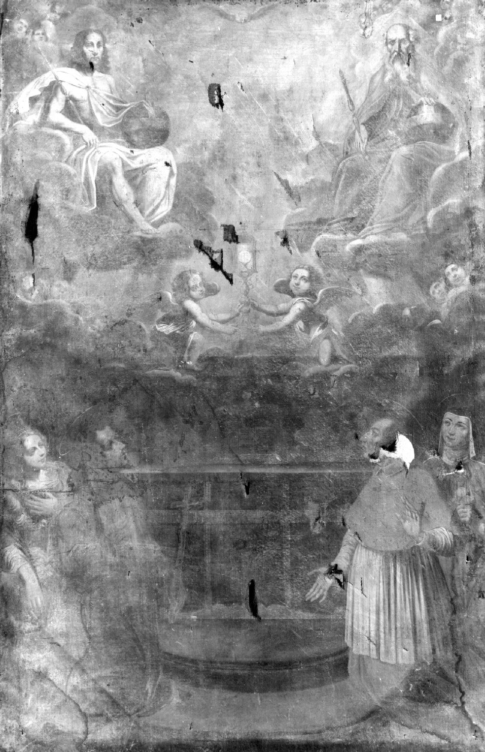 Trinità in gloria con Santa Caterina d'Alessandria, San Francesco d'Assisi, San Carlo Borromeo, Santa Teresa (dipinto) di Bambini Jacopo (sec. XVII)