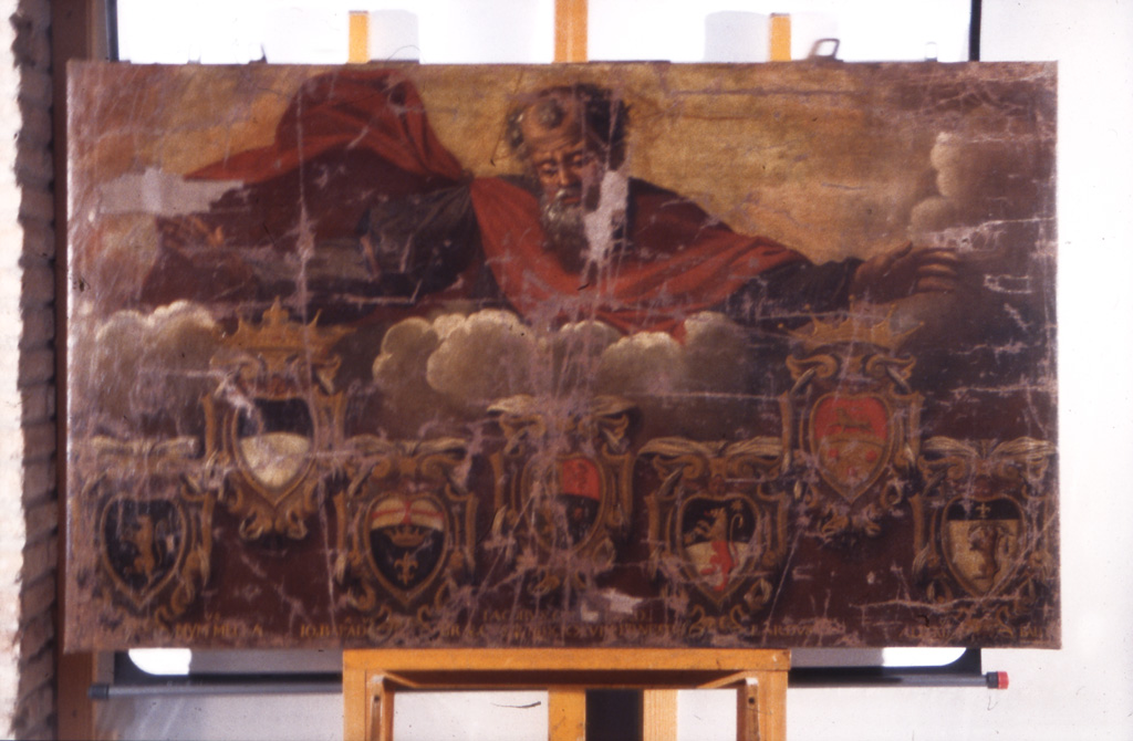 Dio Padre benedicente con stemmi (dipinto) - ambito ferrarese (sec. XVII)