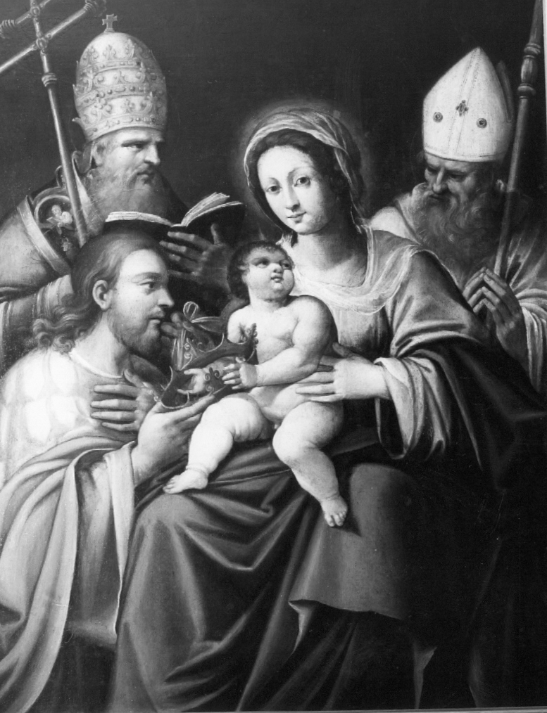 Madonna col Bambino, Vescovo e Papa (dipinto) - ambito emiliano-romagnolo (sec. XVIII)