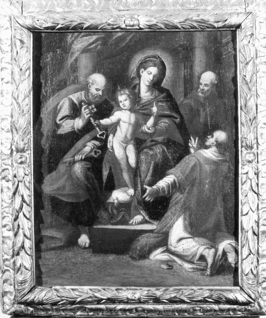 Madonna col Bambino in trono e San Pietro e Santi (dipinto) - ambito emiliano-romagnolo (secc. XVI/ XVII)