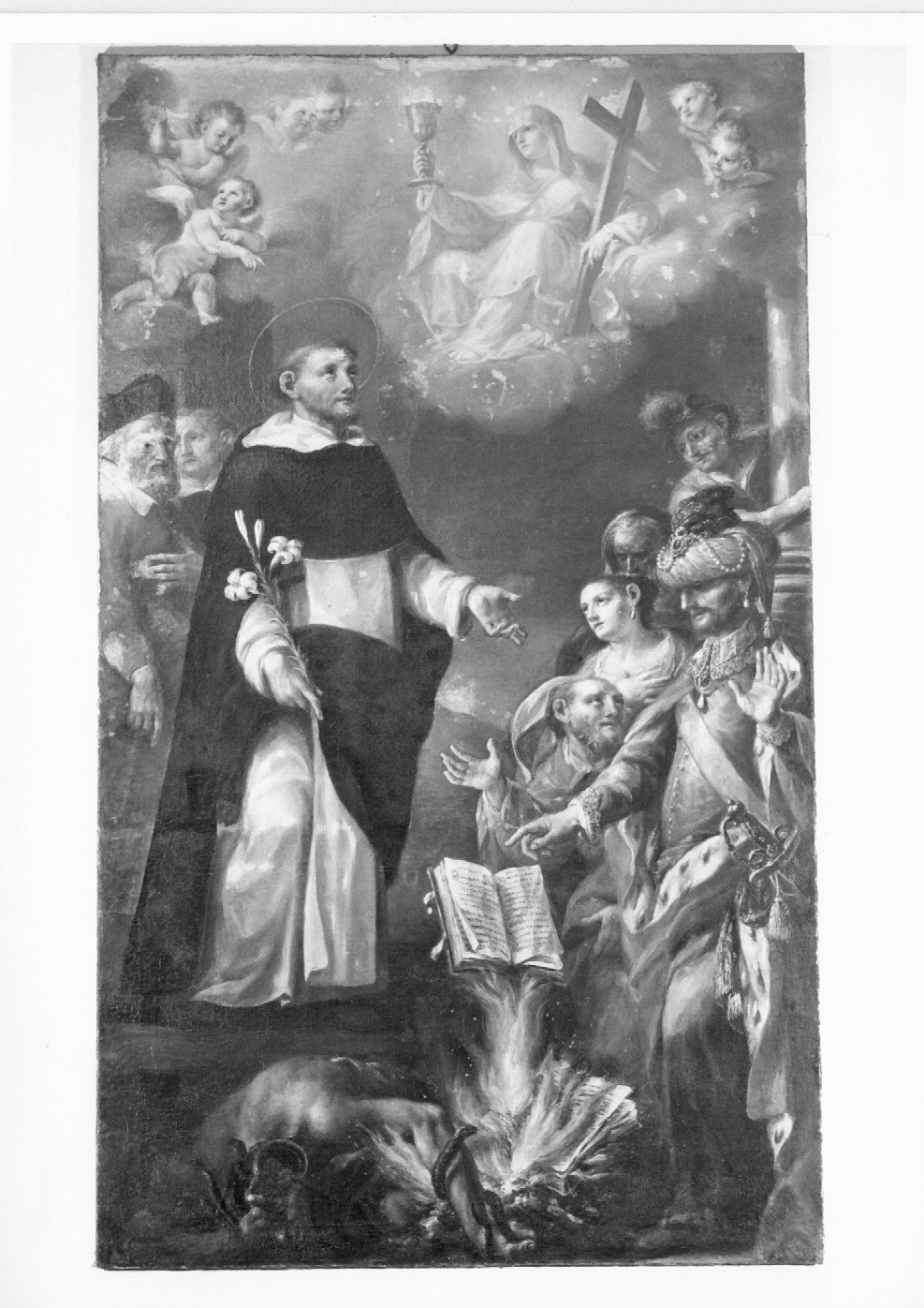 San Domenico e il rogo dei libri degli eretici Albigesi (dipinto) - ambito emiliano-romagnolo (sec. XVIII)