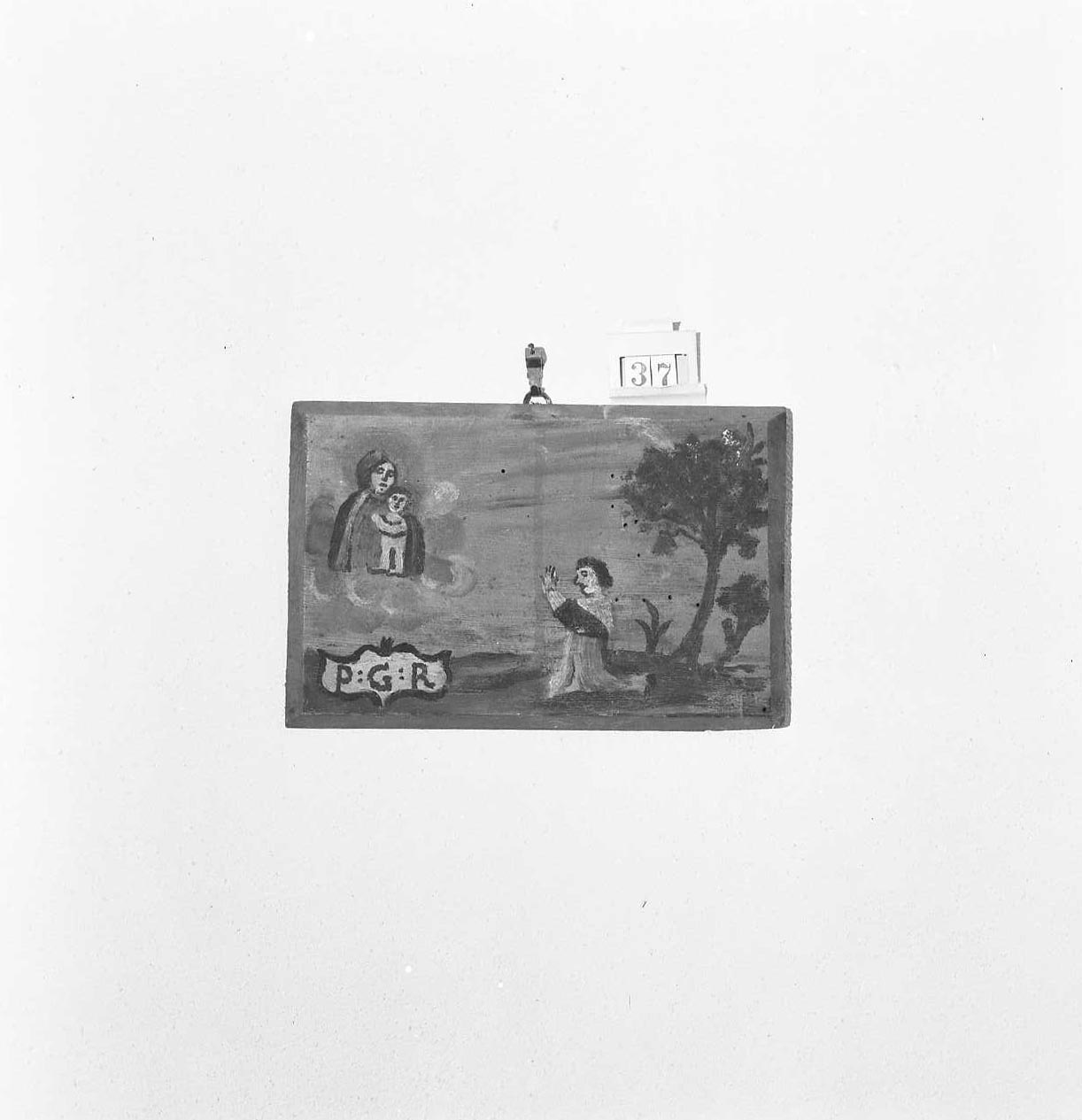 apparizione della Madonna con Bambino/ devoti in preghiera (ex voto) - ambito emiliano-romagnolo (sec. XVIII)