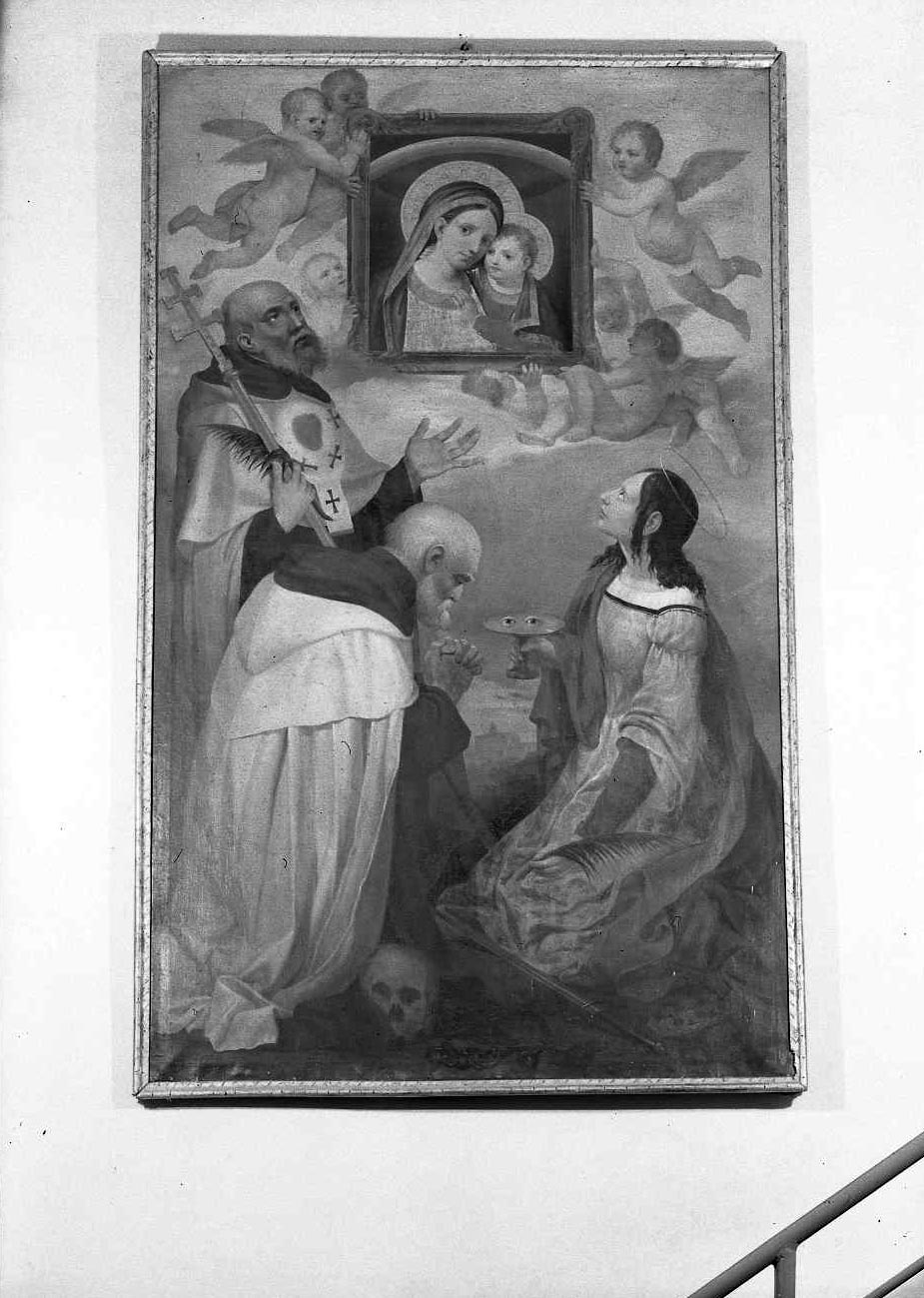 Madonna del Buon Consiglio e tre santi (dipinto) di Bertazzoni Giovanni (sec. XIX)