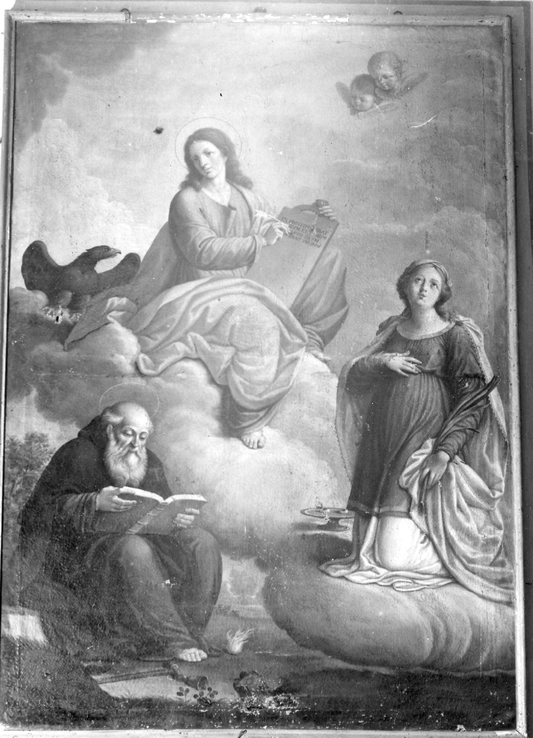 san Giovanni Evangelista, sant'Antonio abate e santa Lucia (pala d'altare) di Tomba Pasquale (fine sec. XVIII)