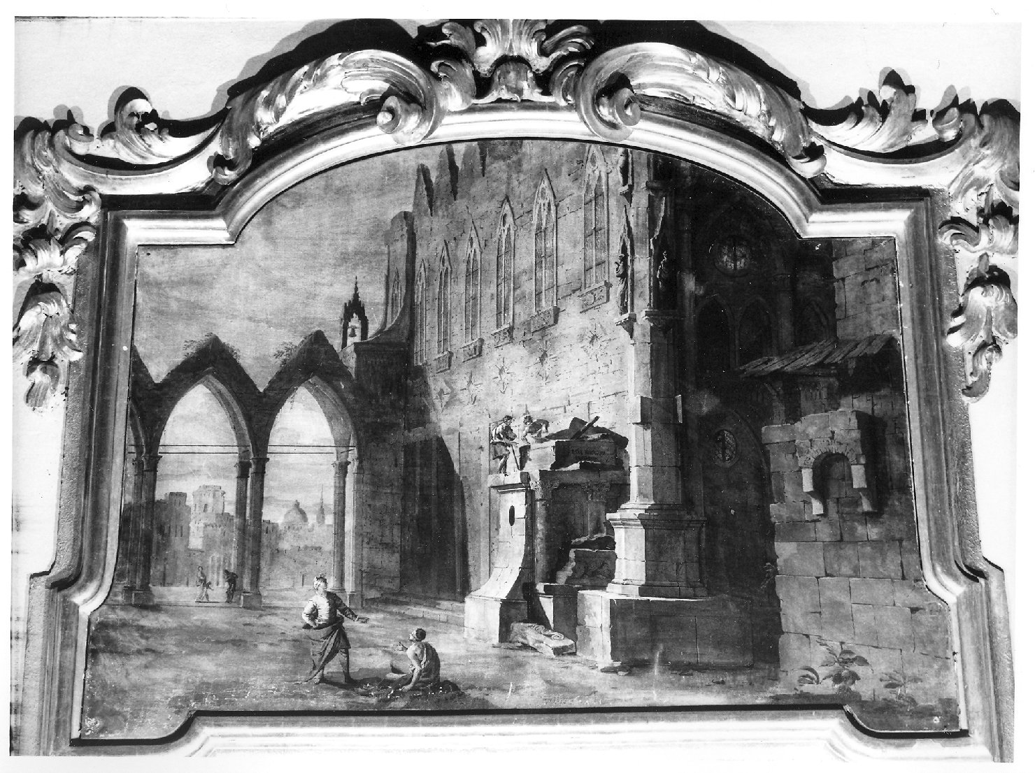 fiancata di chiesa gotica con figure (dipinto) di Paltronieri Pietro detto Mirandolese (prima metà sec. XVIII)