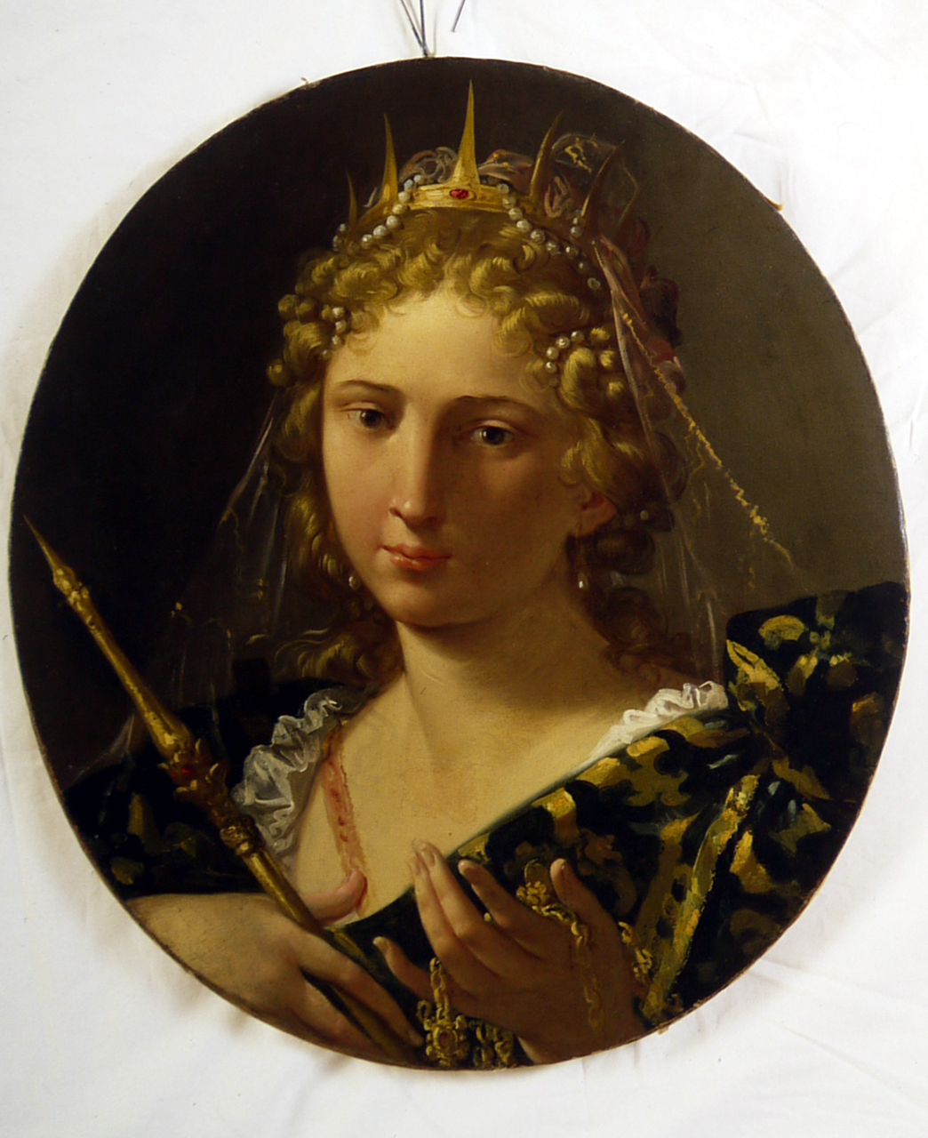 La Vanità (?), figura allegorica con corona, scettro, gioielli (dipinto, elemento d'insieme) di Pasinelli Lorenzo (attribuito) (metà sec. XVII)
