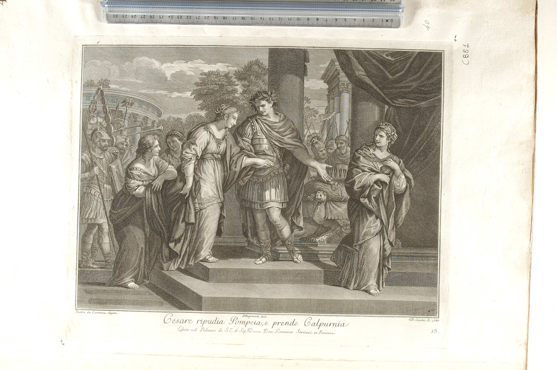 Cesare ripudia Pompea e prende Calpurnia (stampa smarginata) di Cecchi Giovanni Battista, Pietro da Cortona, Allegranti Ranieri (sec. XVIII)