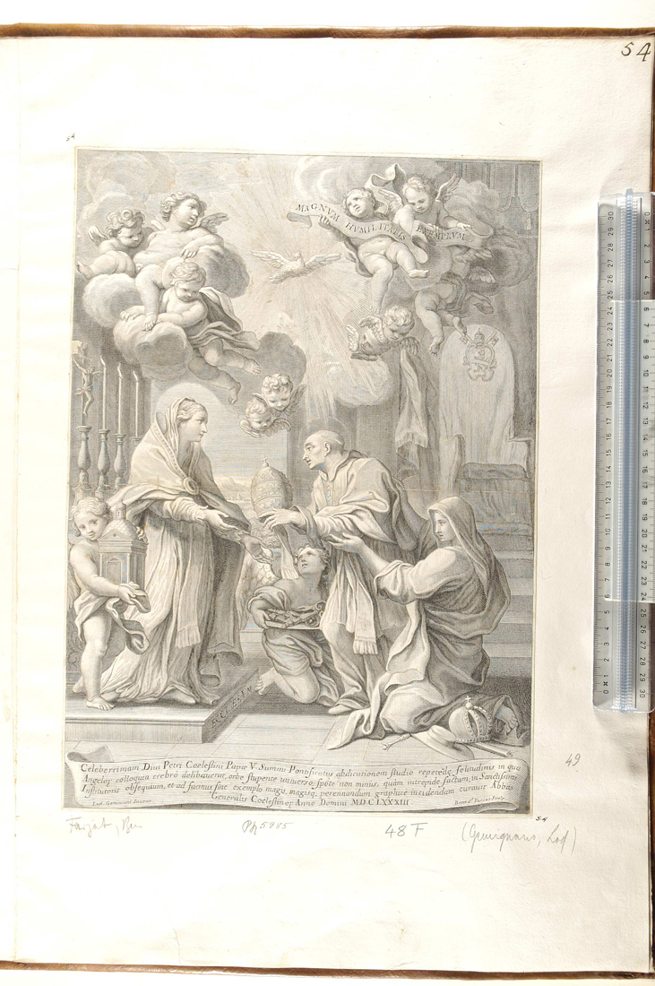 papa Celestino V rifiuta la tiara (stampa smarginata) di Gimignani Ludovico, Farjat Benoit (sec. XVII)