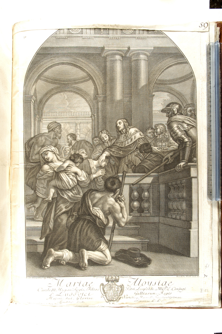 San Luigi dei Francesi guarisce gli appestati (stampa smarginata) di Franceschini Baldassarre, Allegranti Ranieri, Eredi Benedetto (sec. XVIII)