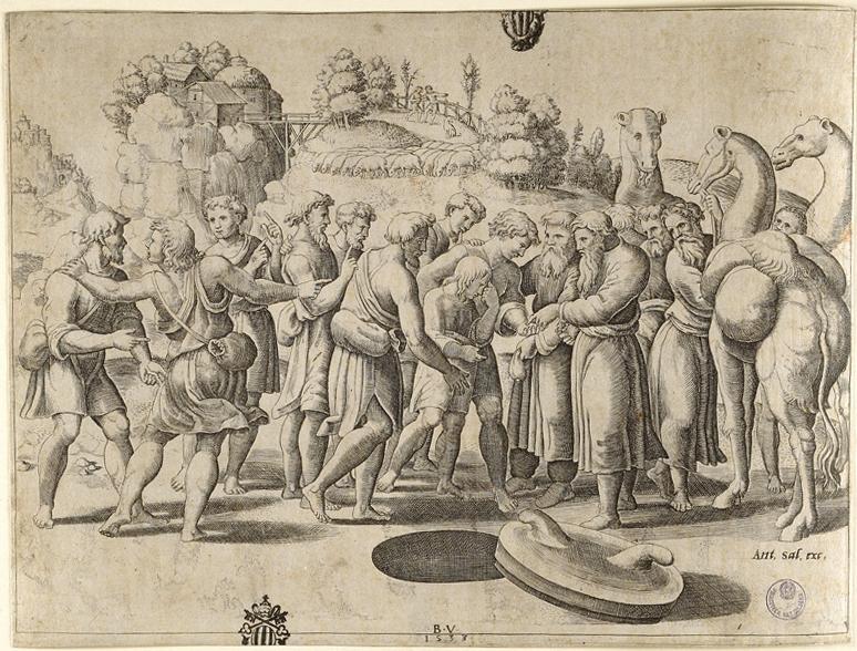 Giuseppe venduto dai fratelli (stampa smarginata) di Sanzio Raffaello, Maestro del Dado (sec. XVI)