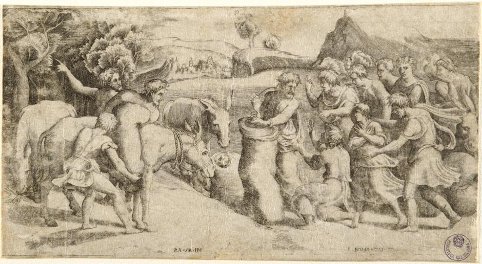 ritrovamento della coppa nel sacco di Beniamino (stampa smarginata) di Bonasone Giulio, Sanzio Raffaello (scuola) (sec. XVI)