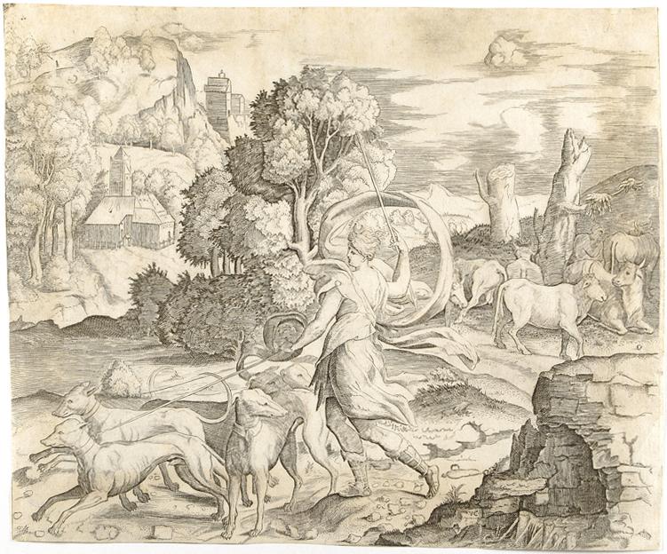 Diana cacciatrice (stampa smarginata) di Parmigianino, Bonasone Giulio (?) (sec. XVI)