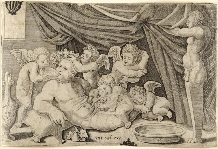 Bacco circondato da amorini (stampa smarginata) di Sanzio Raffaello, Maestro del Dado (sec. XVI)