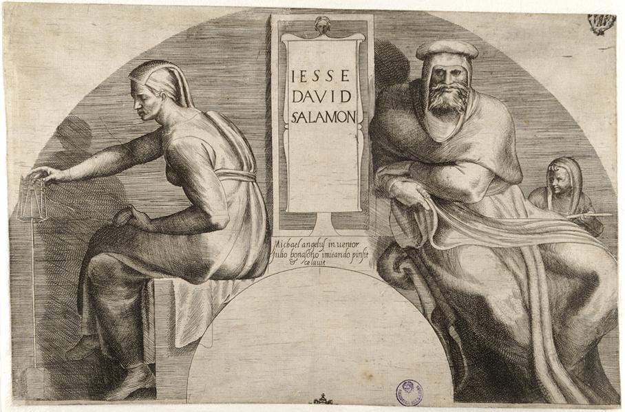 Iesse, David, Salomone, gli antenati di Cristo (stampa smarginata) di Buonarroti Michelangelo, Bonasone Giulio (sec. XVI)