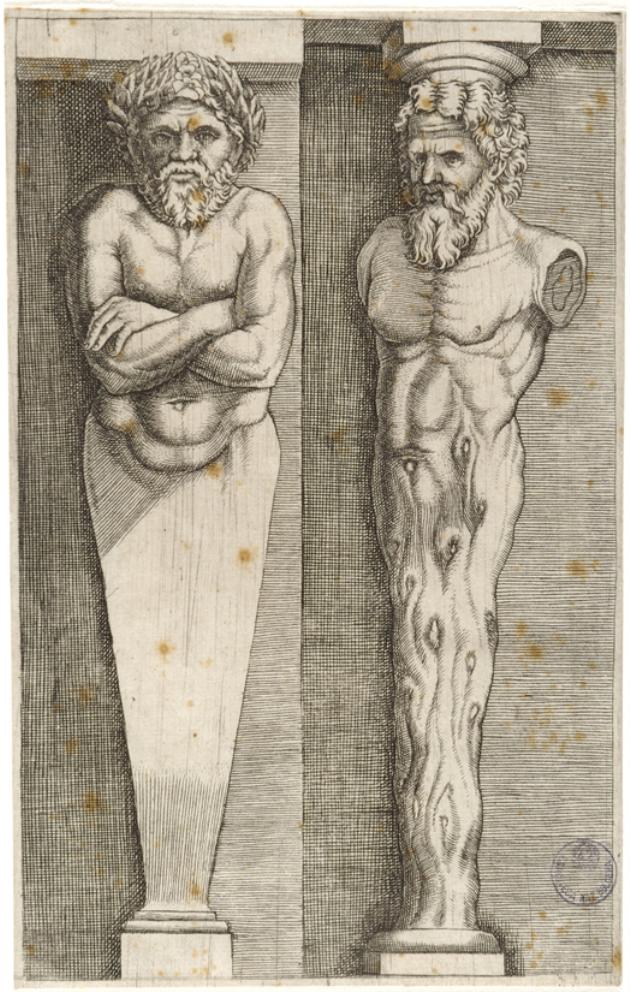 due erme maschili (stampa smarginata) di Musi Agostino de, Maestro del Dado (sec. XVI)
