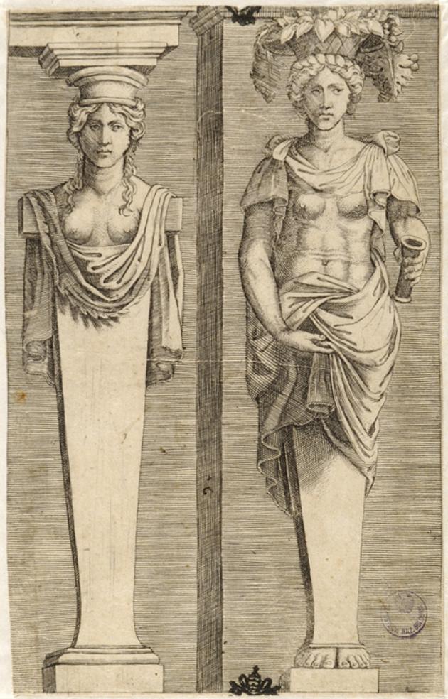 due erme femminili (stampa smarginata) di Musi Agostino de, Maestro del Dado (sec. XVI)