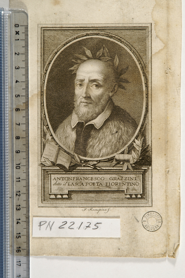 ritratto di Anton Francesco Grazzini detto il Lasca (stampa smarginata) di Rosaspina Francesco (secc. XVIII/ XIX)