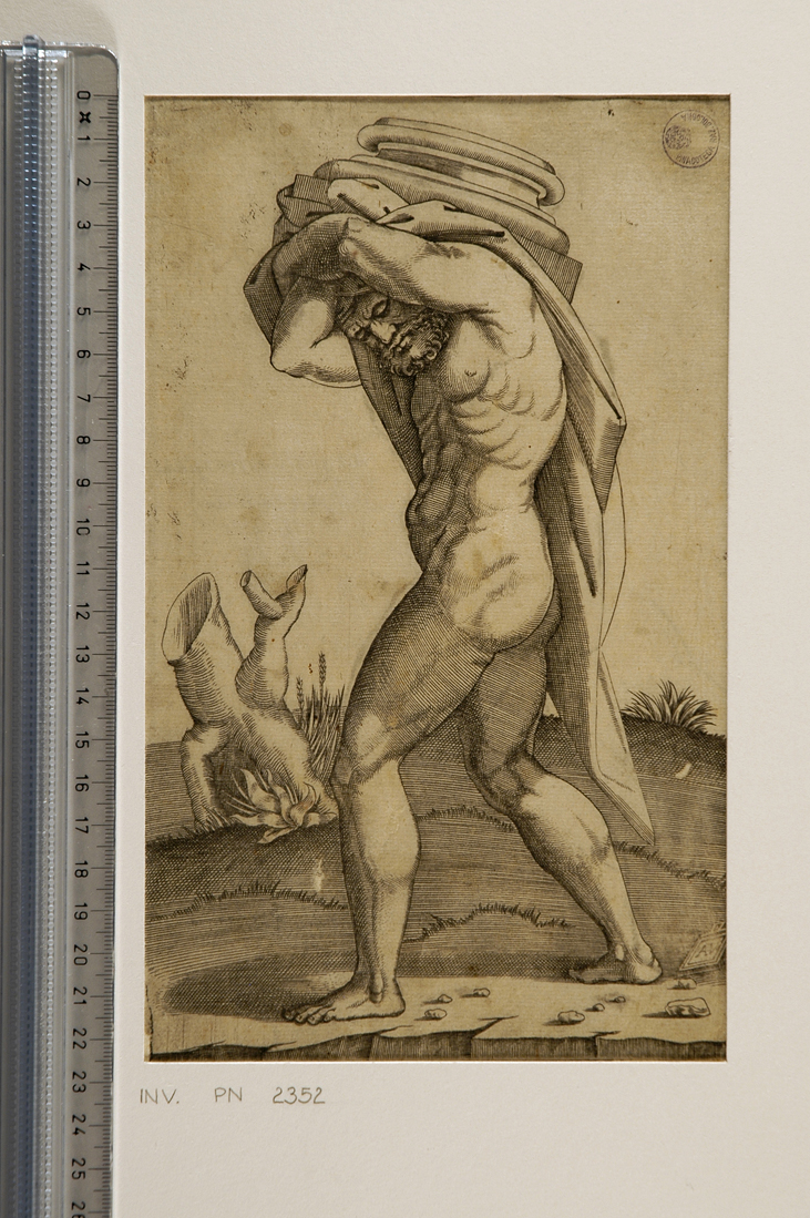 uomo che porta la base di una colonna (stampa smarginata) di Musi Agostino de, Sanzio Raffaello (sec. XVI)