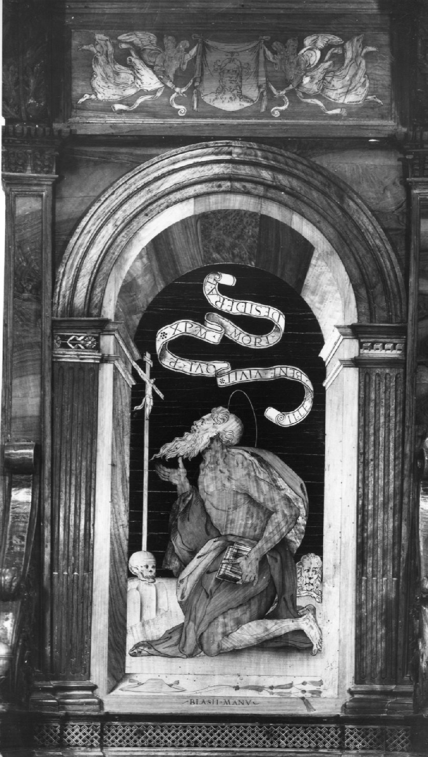 San Girolamo in meditazione (decorazione a intarsio, elemento d'insieme) di De Marchi Biagio (sec. XVI)