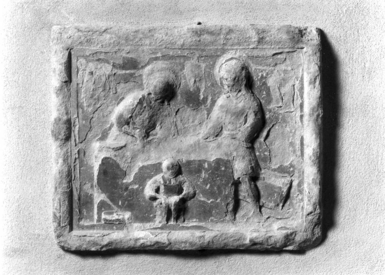 calzolaio seduto con San Crispino e San Crispiniano (insegna) - bottega modenese (sec. XV)