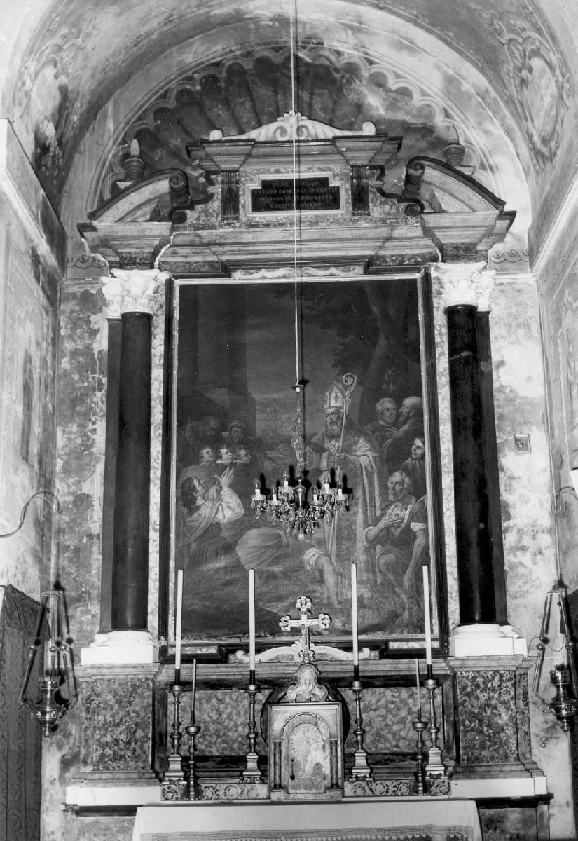 San Nicolò benedicente con devoti (dipinto) di Manzini Luigi (prima metà sec. XIX)