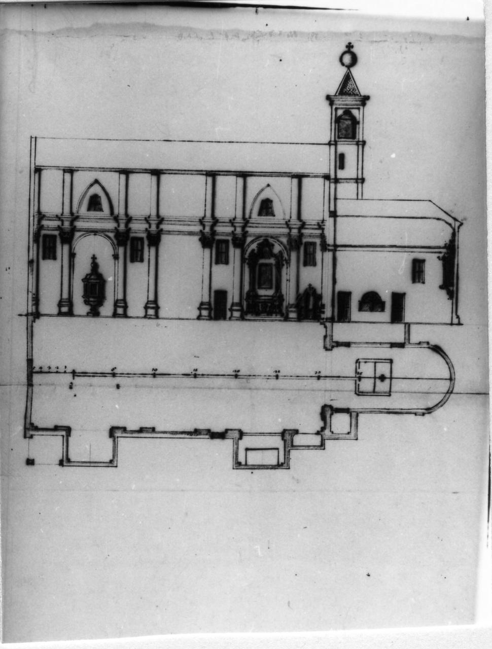 pianta e sezione della chiesa di S. Croce (disegno) - ambito carpigiano (seconda metà sec. XVIII)