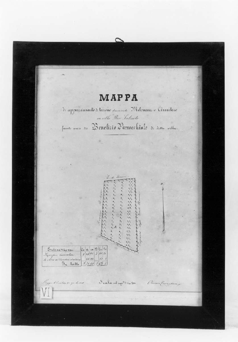 mappa di appezzamento di terreno denominato Melonara o Cimitero in Villa Rio Saliceto (disegno) di Terrachini Oliviero (sec. XIX)