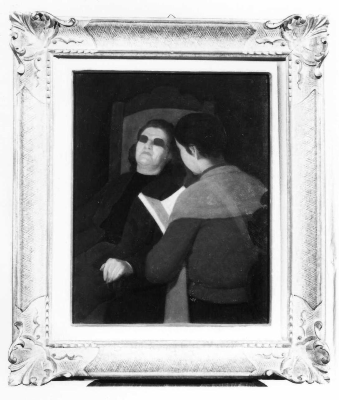 ragazzo che legge ad una donna cieca (dipinto) di Semprebon Bruno (metà sec. XX)