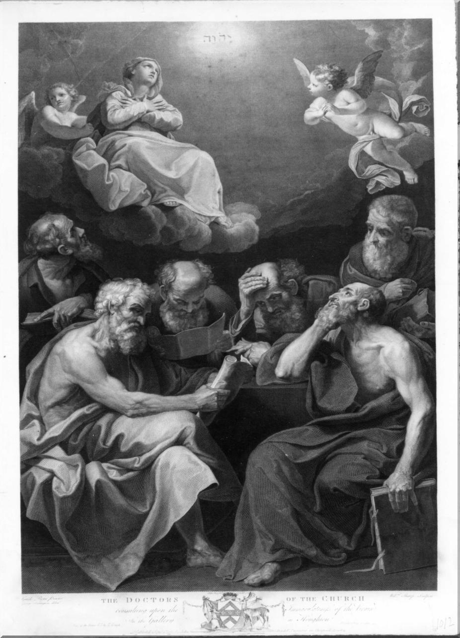 disputa dei Padri della Chiesa sull'Immacolata Concezione (stampa, elemento d'insieme) di Sharp William, Farington George, Reni Guido (sec. XVIII)
