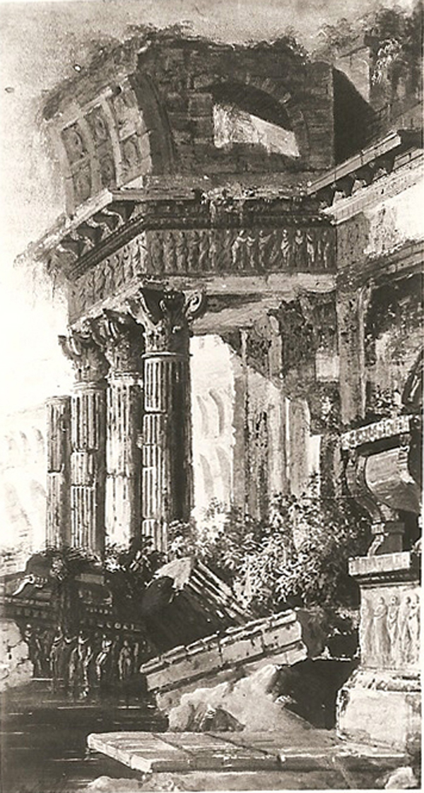 rovine di portico in stile corinzio (dipinto, opera isolata) - ambito Europa centro-settentrionale (seconda metà sec. XVIII)