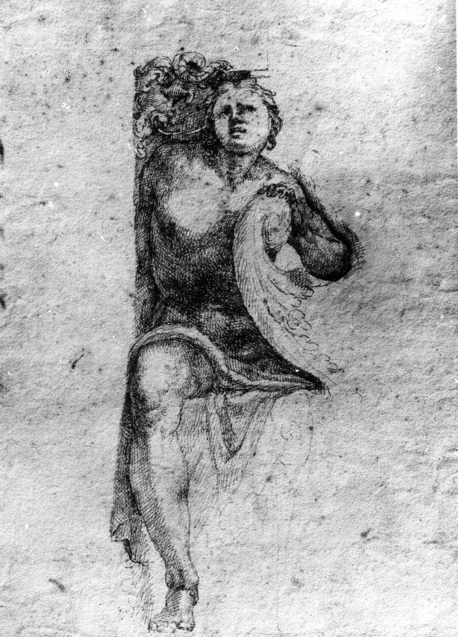 Ignudo reggicartiglio (disegno) di Orsi Lelio (sec. XVI)