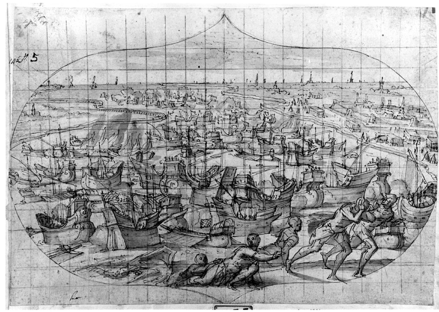 Soldati in fuga (r.) - Studi di guerrieo (v.), scena di battaglia (disegno preparatorio) di Tavarone Lazzaro (primo quarto sec. XVII)