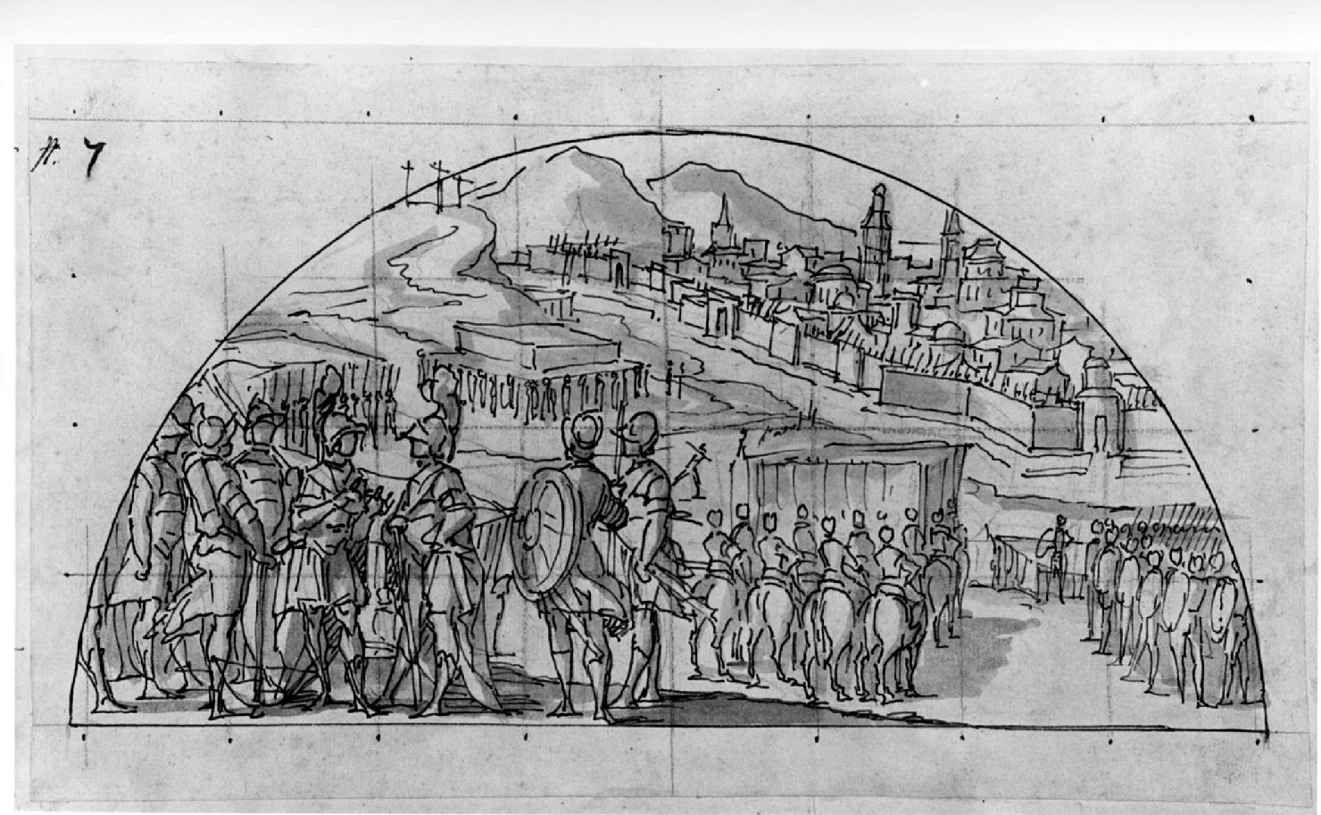 L'esercito di Guglielmo Embriaco entra a Gerusalemme, battaglia (disegno preparatorio) di Tavarone Lazzaro (prima metà sec. XVII)