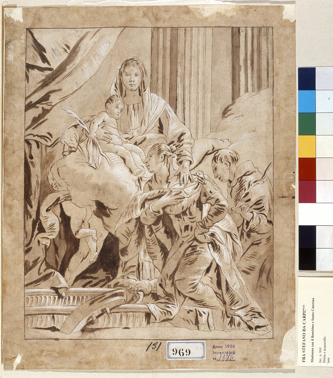 Madonna con Bambino con Santa Caterina e altro Santo, Madonna con Bambino e Santi (disegno) di Tiepolo Giovanni Battista (maniera) (terzo quarto sec. XVIII)