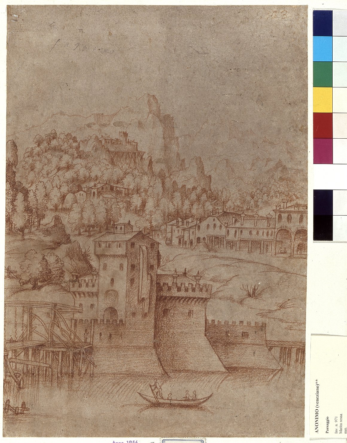 Paesaggio fluviale con architetture e castello, paesaggio con architetture (disegno) - ambito veneto (prima metà sec. XVI)