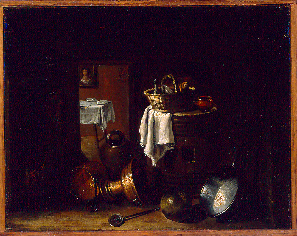 Interno di cucina con pentole di rame (dipinto) di Valentino Giovan Domenico (sec. XVII)